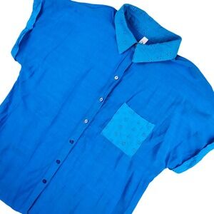 NY Collection Short Extended Sleeve Blouse Womens L Blue Eyelet Trim Boho Casual